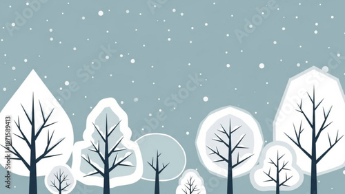 Snow falling on bare trees in a winter landscape with a blue background