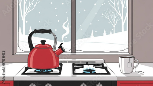 Red kettle on gas stove with mug and snowy winter scene outside kitchen window
