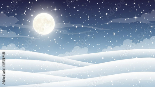 Snowy landscape under a bright full moon with stars and clouds in a dark blue night sky