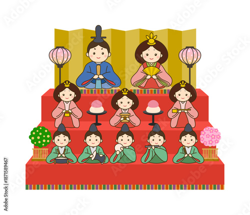 ひな祭りの雛人形のかわいいイラストセット　三段飾り（お内裏様・お雛様・三人官女・五人囃子）