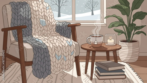 Cozy living room scene with armchair steaming cup of coffee books and plant on a snowy winter day