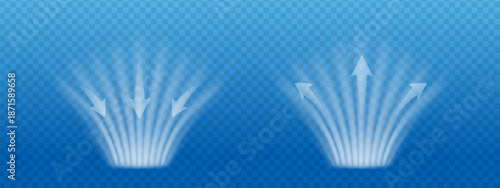 Dynamic airflow arrows and blue wind waves show a powerful cooling effect with fresh speed. Transparent spray lines and frozen steam curves illustrate air purification and high tech suction power.