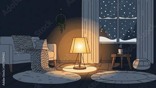 Cozy living room interior with lamp and snowfall outside the window at night