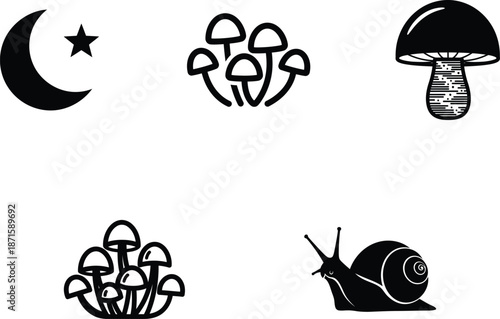 Black silhouettes of mushrooms and a snail on white background