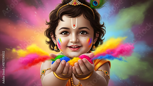 Joyful Child Celebrates Festival of Colors Multicolor Powder Clouds