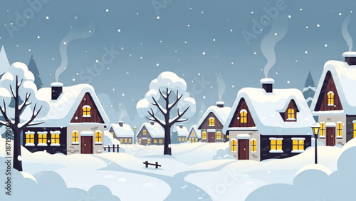 Snowy village scene with houses and trees on a winter night with snow falling