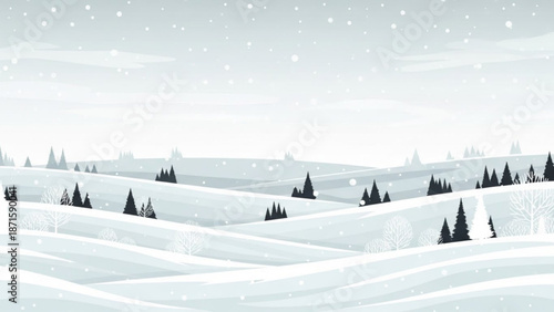 Snowy landscape with rolling hills and pine trees under a cloudy sky