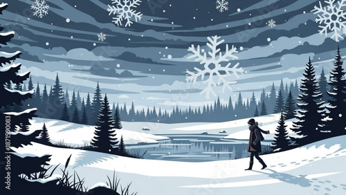 A woman walks alone through a serene snowy forest landscape with a frozen lake under a night sky filled with snowflakes