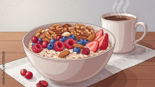 A bowl of oatmeal with nuts and fresh berries next to a steaming cup of coffee on a wooden table