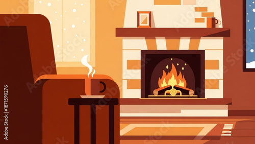 A cozy living room with a warm fireplace and a steaming cup of coffee on a side table beside a comfortable armchair