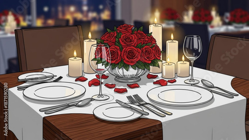 Romantic candlelit dinner table with red roses and fine china for two people in a restaurant
