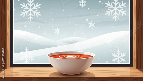 A steaming bowl of red soup sits on a wooden windowsill with a snowy winter landscape and snowflakes outside the window