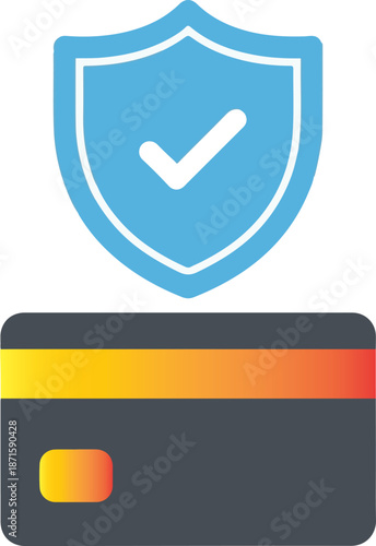 A modern vector illustration of a dark credit card with a vibrant orange stripe, positioned beneath a blue shield with a white checkmark to represent secure payment processing.