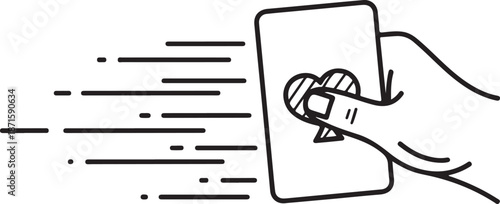 A minimalist line-art vector illustration of a hand holding an Ace of Spades playing card with motion lines, symbolizing fast gaming, magic tricks, or gambling success.