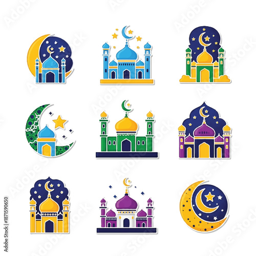 Collection of Colorful Mosque Icons with Crescent Moon.