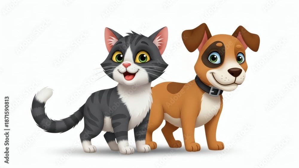 Obraz premium Cat and Dogs Cartoon Characters Standing Together in a Friendly Pose