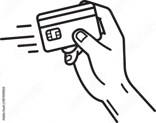 A clean line-art vector illustration of a hand firmly holding a credit card with an EMV chip, featuring motion lines to suggest a fast swipe or a quick payment transaction.