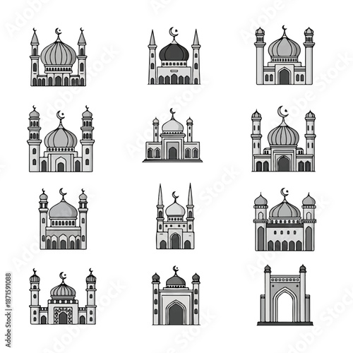 Collection of Mosque Architectural Illustrations.