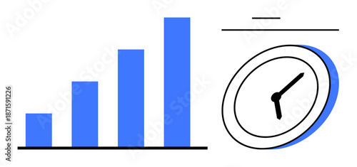 Business performance, time tracking, productivity improvement, efficiency management, strategic planning, deadlines. Bar chart and clock illustration. Business performance and time tracking concept
