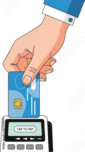 A clean vector illustration of a hand inserting a blue EMV chip credit card into a white "Tap to Pay" terminal, representing modern retail transactions and electronic banking.
