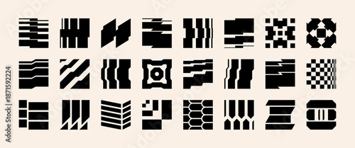 Abstract brutalist logos and punk geometry icons showcase a minimalist y2k cyberspace style. Retro futuristic symbols and grunge geometric forms combine for a contemporary brutalism design set.