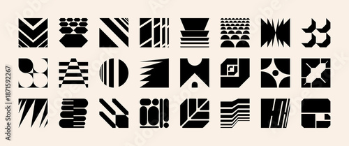 Modern geometric shapes and distorted brutal patterns evoke rave aesthetic. Bold black icons and gradient y2k figures offer a simple yet futuristic look for tech posters.