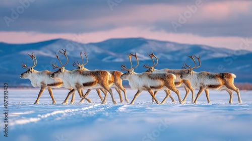 Caribou Crossing Snow Plains caribou herd crossing wide snowy plain winter migration cold wind distant mountains wide panoramic composition cinematic mood