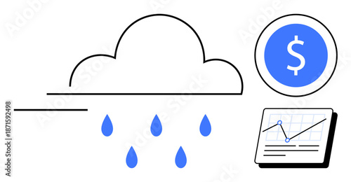 Cloud emitting rain, monetary symbol, and data graph. Ideal for financial planning, economic resources, investment growth, technology, analysis sustainability business strategy. A simple flat