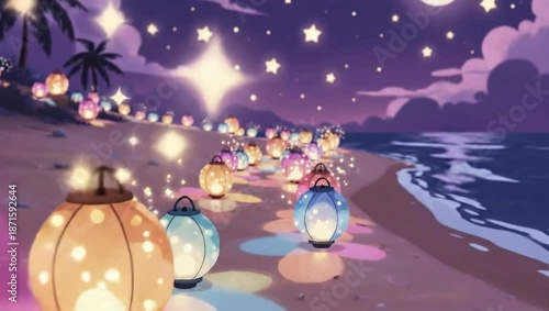 Enchanting Beach Lanterns - A Nighttime Fantasy Scene.