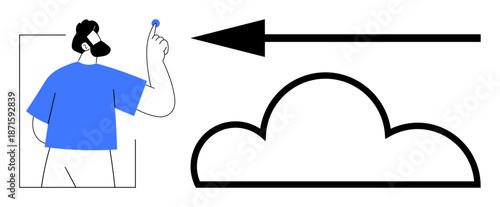 Data flow concept. Man interacts with an arrow data direction and a bold cloud graphic. Data flow in storage, technology, analytics, cloud computing, and trends