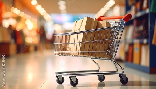 Wallpaper Mural A shopping cart overflowing with paper bags rolls down a brightly lit supermarket aisle. Blurred shoppers and products line the background Torontodigital.ca