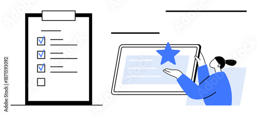 Productivity tools, quality control, feedback systems, task management, online reviews, digital workflows. A woman interacting with a tablet and a checklist. Productivity tools and feedback systems