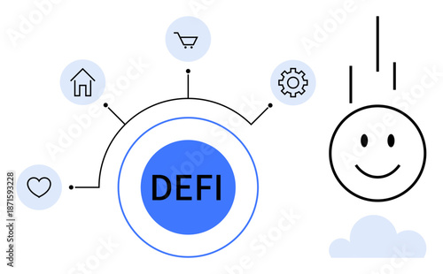Decentralized finance. Decentralized finance by DEFI text and connecting icons for services thumbs up home, shopping, and love. Decentralized finance for innovation, fintech, blockchain, online