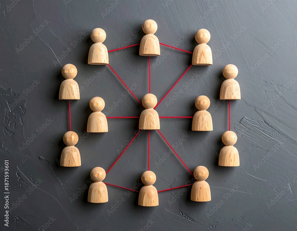 Obraz premium Business Network Connection Concept With Wooden People And Red Strings