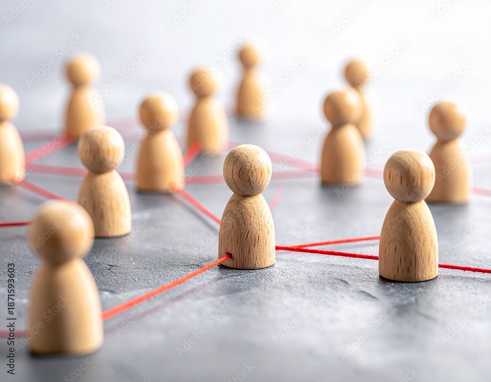 Obraz premium Business Network Connection Concept With Wooden People And Red Strings