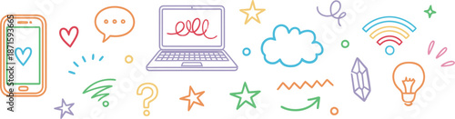 Vibrant Hand Drawn Icons Representing Communication and Technology in a Creative Environment