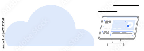 Cloud computing, data storage, technology solutions, digital interface, online platforms, business services. Blue cloud icon beside a computer screen with digital interface. Cloud computing and data