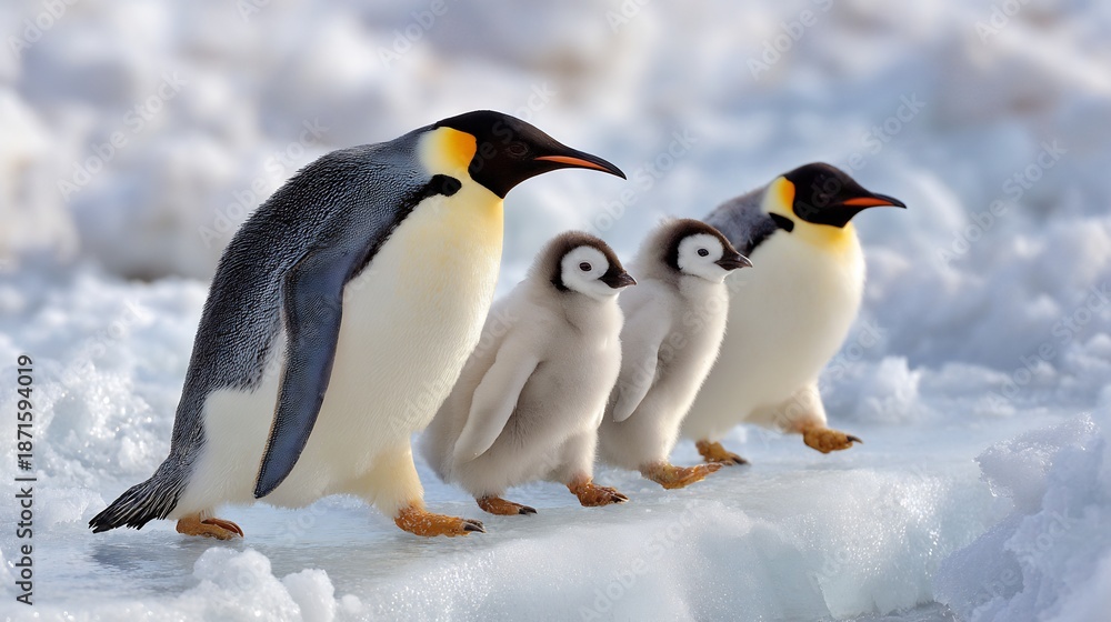 Fototapeta premium Penguin Family Snow penguin family walking on icy snow winter wildlife cold climate animals soft natural light