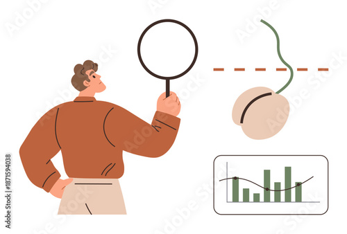Fertility analysis, reproductive health, medical research, male health, data visualization, sperm quality. Man holding a magnifying glass near sperm graphic and data chart. Fertility analysis