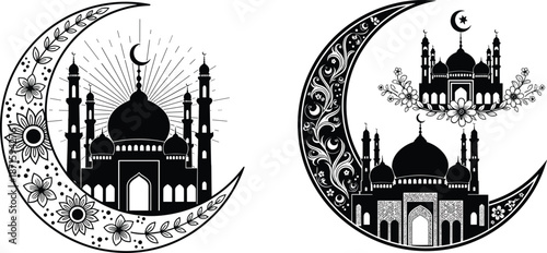 Islamic crescent moon mosque illustration, ornate floral patterns, minarets, sacred architecture, cultural symbol, black silhouette design concept flat vector