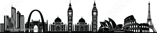 Global landmark silhouette illustration, iconic architecture skyline, cultural heritage monuments, famous travel destinations, international unity design concept flat vector