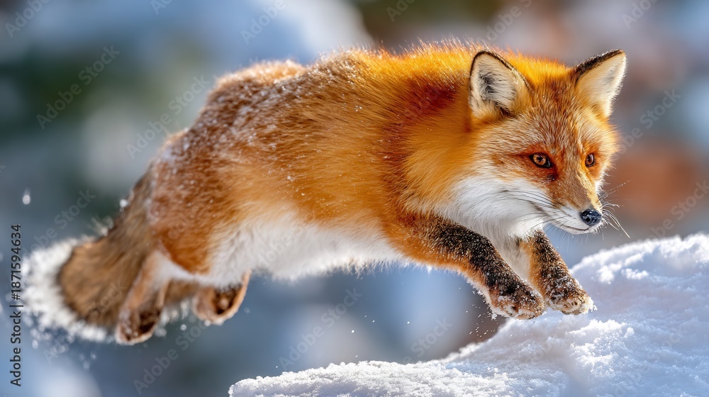 Fototapeta premium Red Fox Jumping into Snow red fox jumping into snow while hunting prey winter wildlife action frozen motion cold air sharp detail dynamic composition