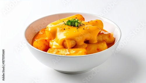 A white bowl filled with Korean tteokbokki or rice cakes covered in a creamy orange cheese sauce, garnished with green herbs and black pepper on a white background.