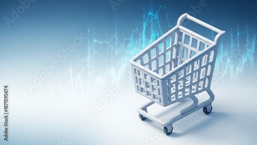 E-commerce analytics and online retail market trends concept with an isometric glowing shopping cart and digital financial charts.