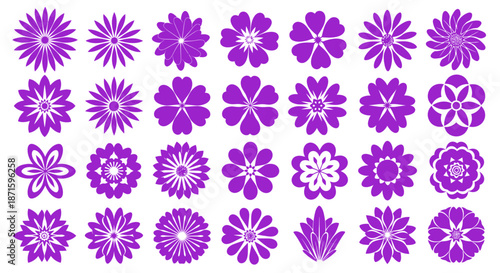 Set of thirty unique purple floral icons with various petal shapes and designs.