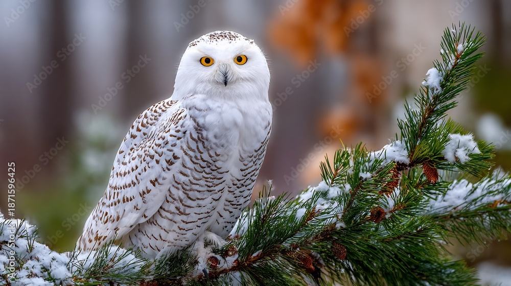 Fototapeta premium Snowy Owl Winter Forest snowy owl perched on snow covered pine branch winter bird wildlife soft snowfall cold environment sharp feather detail calm atmosphere nature photography style