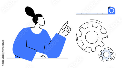 Productivity, process management, teamwork, innovation, efficiency, workflow optimization. Woman pointing with tape measure and gear icons. Productivity and process management concepts