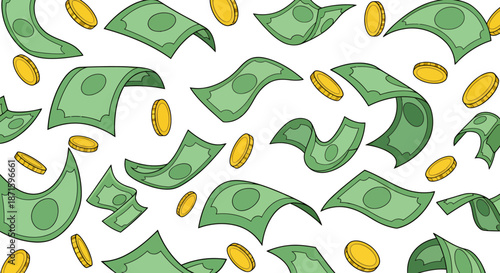 Seamless pattern of flying dollar bills and gold coins on white background.