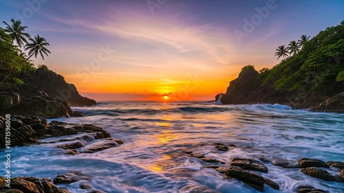 Dramatic Sunset Over Rocky Tropical Cove with Crashing Waves and Palm Trees