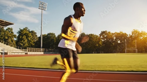 Athlete with prosthetic leg running on track in sunny daylight